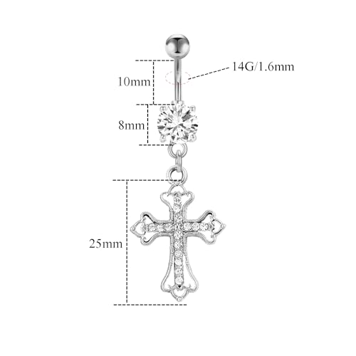 VERAMI 14G 316L Celtic Cross Belly Button Ring Surgical Steel Paved Gems Dangling Belly Button Ring Body Piercing Jewelry - color: Silver:C-6