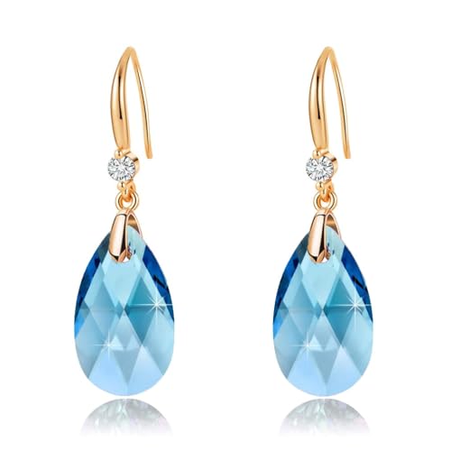 Austrian Crystal Teardrop Dangle Drop Earrings for Women 14K Gold Plated Hook Earring Hypoallergenic Jewelry Gifts for Women Girls - color: Aquamarine