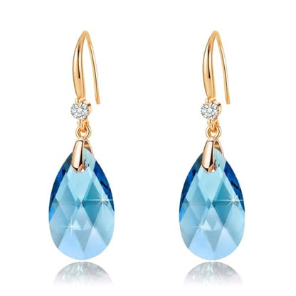 Austrian Crystal Teardrop Dangle Drop Earrings for Women 14K Gold Plated Hook Earring Hypoallergenic Jewelry Gifts for Women Girls - color: Aquamarine