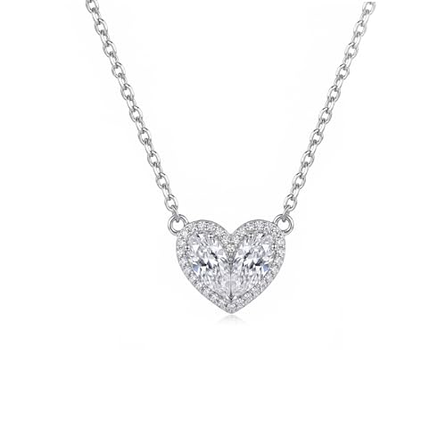 Cubic Zirconia Heart Pendant Necklace, 14K Gold Plated Pave Heart Necklace for Women, Faux Diamond Heart Pendant Necklace, Valentine’s Day, Birthday & Anniversary - color: White Gold X-5175