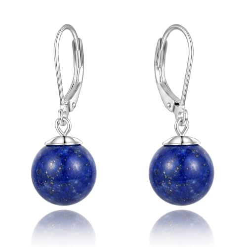 Pearl Leverback Earrings for Women Dangle Round Gemstone Earrings Birthstone Jewelry Gift Anniversary for Her - color: 19 lapis lazuli