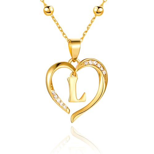 Cicy Bell Womens Heart Initial Necklace 18k Gold Plated | Personalized Letter Pendant, 17.7'' with 2'' Extender - color: Style 2-L-Gold