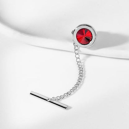 HAWSON Mens Tie Tack with Chain Round Crystal Wedding Business Accessories - color: Silver + red