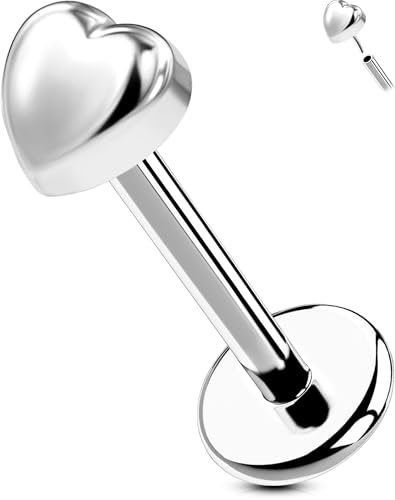 OUFER G23 Titanium Threadless Labret Studs – Flat Back Push Pin Earrings for Tragus, Helix, Monroe, Conch, Lip Piercing – 16G/18G, 6MM/8MM - color: Silver-Heart, size: 18g 8mm