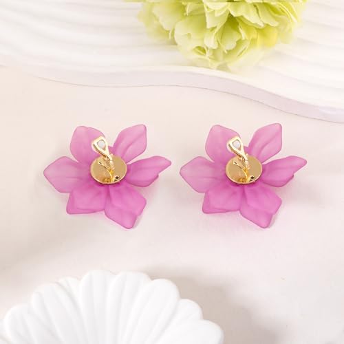 LAXPICOL Fashion Big Flower Clip On Earrings For Women Cute Lovely Acrylic Flower Earrings No piercing Earrings 2.36" - color: purple