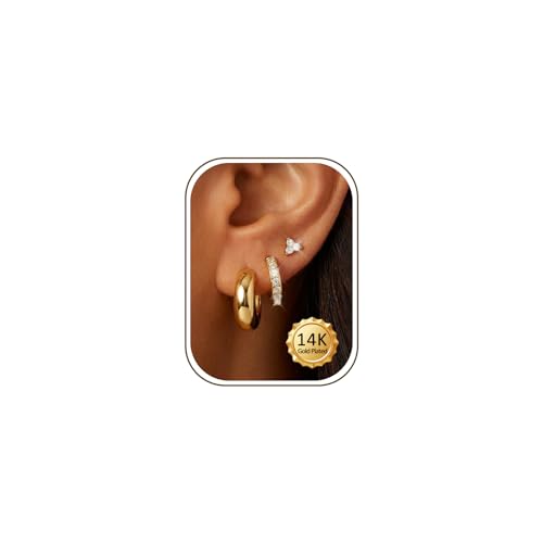 Small Gold Earring Stack Trendy 925 Sterling Silver Earrings for Women Hypoallergenic 14K Gold Plated Cubic Zirconia Stud Hoop Non Tarnish Huggie Hoop Earrings Set for Multiple Piercing Jewelry Gift - style: Gold: 2 Pairs of Hoops + 1 Pair of Studs