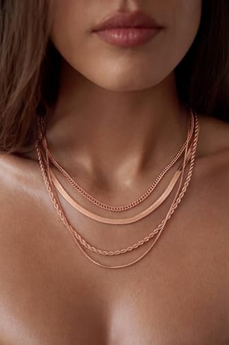 Tewiky Layered Necklaces for Women 14k Gold Plated Chain Necklace Set | Chunky Herringbone/Snake/Rope/Box/Cuban Link Chain for Women, Layering Stack Choker Necklace, Dainty Jewelry Set Non Tarnish - color: 4 Layered Necklace Rose Gold