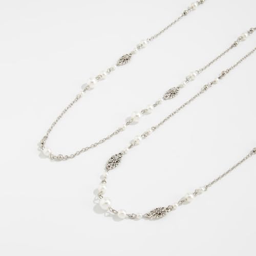 Long Pearl Necklaces for Women Pearl Long Chain Necklace Gold Chain Dainty Delicate Station Necklace Jewelry for Dress Party - color: 2Layer Silver
