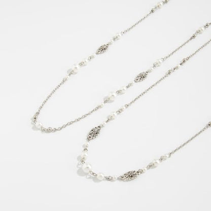 Long Pearl Necklaces for Women Pearl Long Chain Necklace Gold Chain Dainty Delicate Station Necklace Jewelry for Dress Party - color: 2Layer Silver