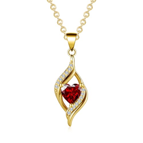 Birthstone Necklace for Women, 14K Gold Plated Heart Cubic Zirconia Pendant, Dainty Birthstone Jewelry Necklace Gifts for Birthday, Valentine’s Day Mother's Day - color: January-Garnet