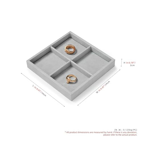 Microfiber 4 Grids Stackable Jewelry Display Trays Showcase | Jewelry Organizer Storage Trays Gray - size: 5.51" x 5.49" x 0.78"