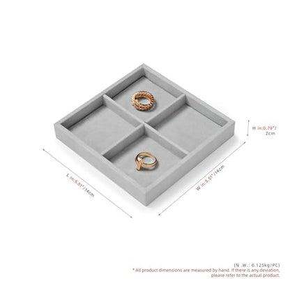 Microfiber 4 Grids Stackable Jewelry Display Trays Showcase | Jewelry Organizer Storage Trays Gray - size: 5.51" x 5.49" x 0.78"