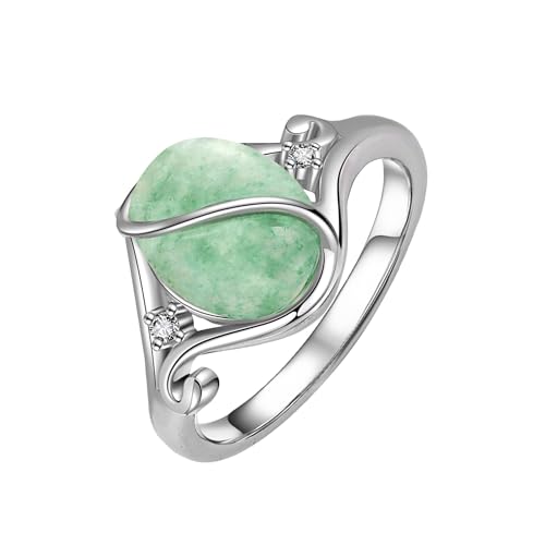Gemstone Ring S925 Sterling Silver Vintage Oval Jade/Opal/Moonstone/Mood/Obsidian/Moss Agate/Turquoise Ring Gemstone Jewelry Gifts for Women - color: Jade Silver, size: 8
