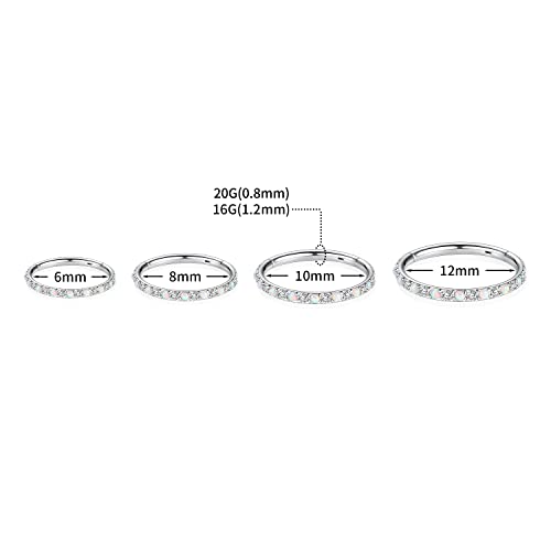 GAGABODY Surgical Steel Hypoallergenic Nose Ring Earring CZ Hoop for Unisex | Hinged Seamless Clasp,Used in Nostril,Septum,Lip,Eyebrow,Nipple and All Ear Piercings.22G to 12G,Inner Diameter 5mm to 14mm - color: Style5:Silver+Clear CZ & White Opal, size: 2