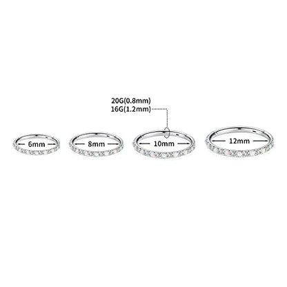 GAGABODY Surgical Steel Hypoallergenic Nose Ring Earring CZ Hoop for Unisex | Hinged Seamless Clasp,Used in Nostril,Septum,Lip,Eyebrow,Nipple and All Ear Piercings.22G to 12G,Inner Diameter 5mm to 14mm - color: Style5:Silver+Clear CZ & White Opal, size: 2