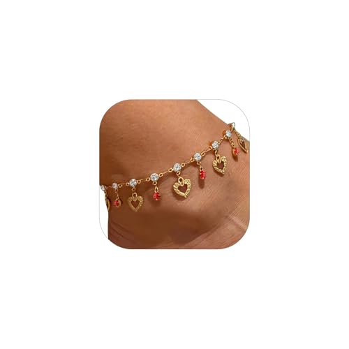 U7 Ankle Bracelets for Women Stainless Steel Waterproof Tarnish Resistant | 18K Gold Plated/Silver/Rose Gold Anklets, Cuban Chain Anklet Bracelets, Perfect for Summer Beach and Vacation Outfits - color: Gold Plated-Red-Heart Charm