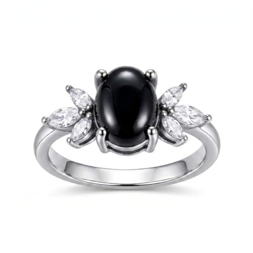 MRENITE Oval Floral Ring for Women S925 Sterling Silver Gemstone Ring for Her Anniversary Birthday Engagement Promise Jewelry Gift - color: Black Onyx