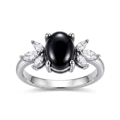 MRENITE Oval Floral Ring for Women S925 Sterling Silver Gemstone Ring for Her Anniversary Birthday Engagement Promise Jewelry Gift - color: Black Onyx