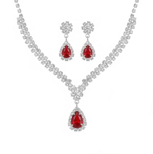 Wedding Jewelry Sets for Brides Rhinestone Necklace and Earring Set Bracelet Ring Gold Silver Prom Jewelry Sets Diamond Flower Teardrop Necklace for Women - color: Style4-Red
