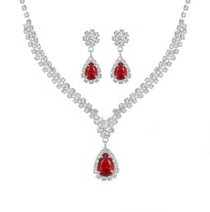 Wedding Jewelry Sets for Brides Rhinestone Necklace and Earring Set Bracelet Ring Gold Silver Prom Jewelry Sets Diamond Flower Teardrop Necklace for Women - color: Style4-Red