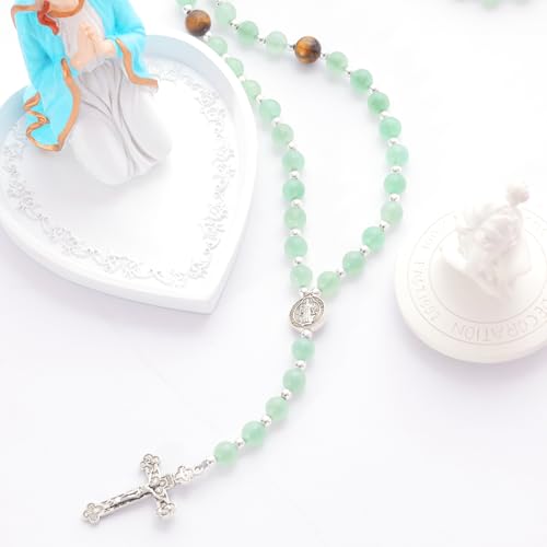 Rosary for Men Women, Natural Stone Beads with St. Benedict Bracelet | 8 mm Natural Stone Prayer Beads with 10 mm Accent Beads, St. Benedict Crucifix, Matching Bracelet, Gift Box and Pouch. - color: Green