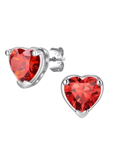 FindChic 2 Carat Birthstone Stud Earrings for Women, Round/Heart/Princess Cut Stud Earrings, Hypoallergenic Studs with 925 Sterling Silver Posts, 12 Months Birthday Jewelry Gift - color: 07. July-Ruby(Heart Cut)