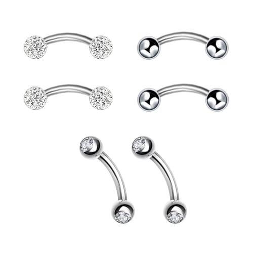 6pc 16G 6/8/10mm Bar Surgical Steel Curved Barbell Coated Crystal Eyebrow Ring Ear Body Piercing Jewelry Set - color: white