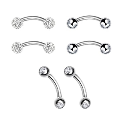6pc 16G 6/8/10mm Bar Surgical Steel Curved Barbell Coated Crystal Eyebrow Ring Ear Body Piercing Jewelry Set - color: white