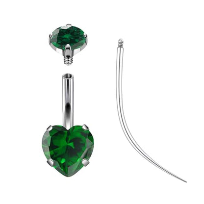 ASTM F136 Titanium Belly Button Rings 14G CZ Heart Belly Navel Rings 10mm Bar Body Piercing Jewelry Navel Ring With 1PCS Curved Piercing Taper - color: Green CZ