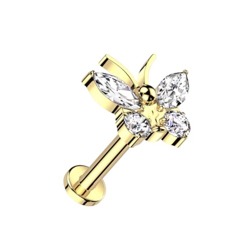 Pierced Owl 16GA ASTM F-136 Implant Grade Titanium Internally Threaded CZ Crystal Butterfly Flat Back Stud - style: Gold Tone/Clear