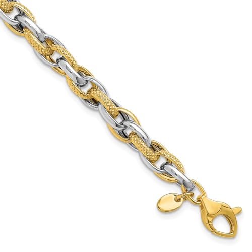 14K Two-tone Gold Polished and Textured Fancy Link Chain Bracelet 7.5"