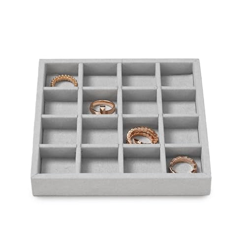Microfiber 16 Grids Stackable Jewelry Display Trays Showcase | Jewelry Organizer Storage Trays Gray - size: 5.49" x 5.52" x 0.78"