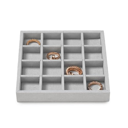 Microfiber 16 Grids Stackable Jewelry Display Trays Showcase | Jewelry Organizer Storage Trays Gray - size: 5.49" x 5.52" x 0.78"