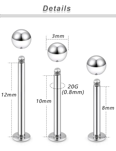 20G 18G 16G 14G 12G Lip Labret Medusa Monroe Rings Studs 316L Surgical Steel Flat Back Tragus Helix Cartilage Earring Stud Piercing Jewelry Bar Length 8mm 10mm 12mm Mix Color 18PCS - color: Silver, size: 20G(0.8mm)-8/10/12mm Bars-3mm Balls