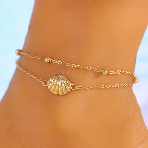 Gold Starfish Seashell Anklets Bracelets for Women Dainty Gold Layered Shell Link Chain Anklets Summer Conch Seashell Foot Bracelet Jewelry for Beach Vacation - color: gold2