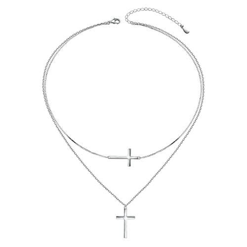Yearace Choker Necklaces for Women S925 Sterling Silver Sideways Cross/Butterfly/Handcuffs/Infinity Interlocking/Chakra Choker Necklace Dainty Sideways Cross Necklace Jewelry Gift - style: Layered Cross 18+16+2''