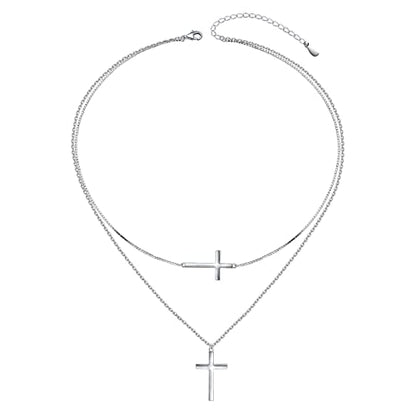 Yearace Choker Necklaces for Women S925 Sterling Silver Sideways Cross/Butterfly/Handcuffs/Infinity Interlocking/Chakra Choker Necklace Dainty Sideways Cross Necklace Jewelry Gift - style: Layered Cross 18+16+2''