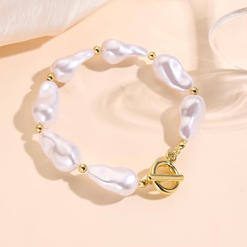 Baroque Pearl Bracelet for Women Elegant Gold Plated Irregular Chunky Pearls Bracelets Summer Starfish Seashell Conch Cuff Bracelets Jewelry for Vacation - color: gold