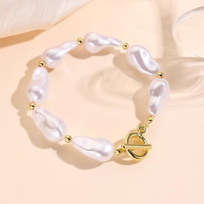 Baroque Pearl Bracelet for Women Elegant Gold Plated Irregular Chunky Pearls Bracelets Summer Starfish Seashell Conch Cuff Bracelets Jewelry for Vacation - color: gold