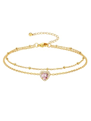 Richsteel Double Layer Heart/Butterfly Birthstone Anklet for Women | Non Tarnish Waterproof, Silver/Gold/Black Stainless Steel 8.5-10.5 Inch Adjustable Chain Anklets Summer Beach Foot Jewelry - color: Gold Heart-10 Oct.(Pink Tourmaline)