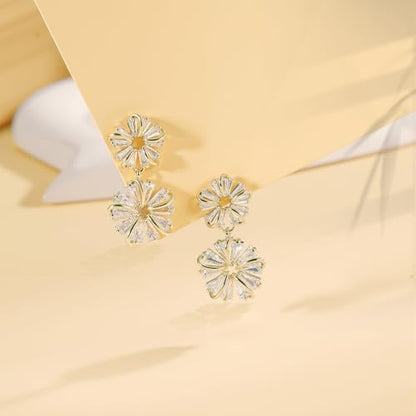 Gemsme Bridal Wedding Earrings for Brides Bridesmaides, 925 Sterling Silver Posts hypoallergenic Cubic Zirconia stud,Drop & Dangle Earrings for Women Jewelry Gifts - color: Gold - Flower Drop Earrings