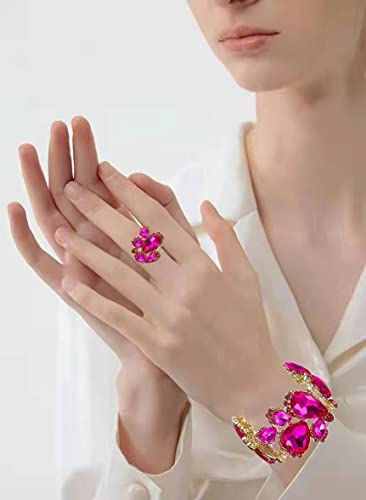Women's Wedding Bridal Austrian Crystal Glass Teardrop Statement Necklace Dangle Earrings Bracelet Ring Wedding Party Jewelry Set for Bridal Bridesmaid - color: Pink-Gold Plated