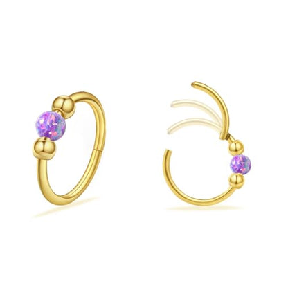 2 Pcs Small Cartilage Hoop Earrings for Women Men, 18G Opal Silver Earrings Hypoallergenic 316L Surgical Steel Hinge Huggie Hoop Earrings for Helix,Tragus,Conch,Rook,Earlobe Piercing Jewelry Nose Ring - style: 1Pc8mm+1Pc10mm Purple Opal/Gold