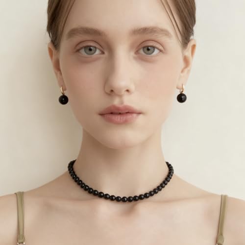 SukAmi 4-10mm Pearl Choker Men Black Pearl Necklace Women Faux Pearl Necklaces 45CM - size: 8mm