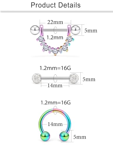 Cisyozi 16G 14G Nipple Piercing Jewelry Tongue Rings Hypoallergenic Surgical Steel Screw Nipple Tongue Shield Ring Barbell Body Piercing Jewelry Retainer for Women 9/16 Inch 14mm - color: J:8Pairs-16g(1.2mm)-Rainbow