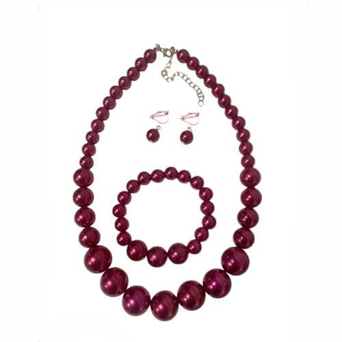 Bridal Wedding Faux Pearl Statement Necklace and Clip on Earrings Bracelet Jewelry Sets Women Bib Choker Necklace - color: Wine Red-Necklace+Bracelet+Clip Earrings