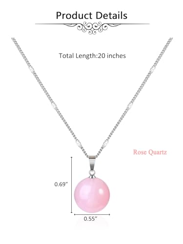 Jovivi Amethyst Obsidian Healing Crystals Ball Necklace for Women Men | 14mm Natural Stone Round Ball Bead Necklace Handmade Gemstone Pendant Protection Crystals Birthstone Jewelry - color: Rose Quartz