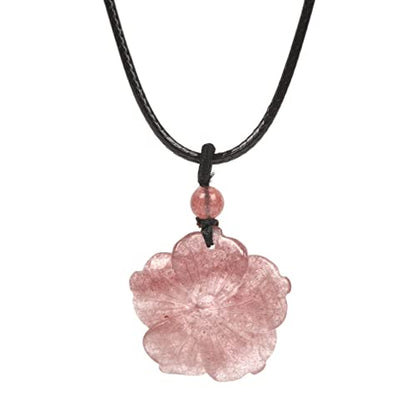 Justinstones Hand Carved Healing Crystals Gemstone Hawaii Flower Pendant Hand Weaving Wax Rope Necklace 22 inch - color: Strawberry Quartz