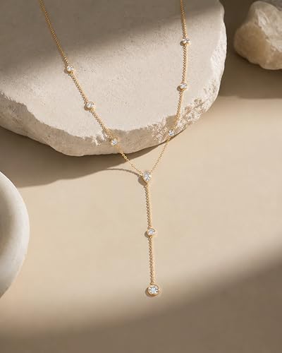 LANE WOODS Moissanite Lariat Necklace for Women, 925 Sterling Silver Y Necklace with Teardrop Pendant, Dainty Gold Plated Drop Necklace 16+2 Inch Adjustable Chain, Bridal Wedding Prom Jewelry - color: gold