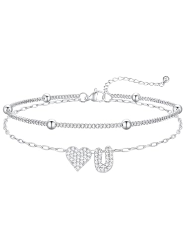 FaithHeart Initial Ankle Bracelets for Women Waterproof, Silver/Black/14k Gold Plated CZ Heart Initial Anklets Non Tarnish Stainless Steel Anklets for Women - color: Silver, size: U